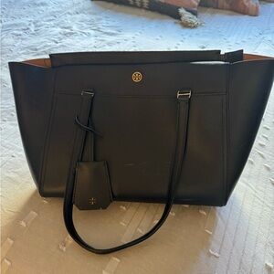 Tory Burch Black Leather Tote with Gold Accents
